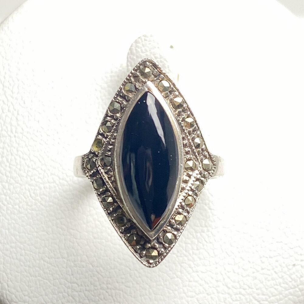 Sterling Silver Marcasite Black Onyx Art Deco Style Ring 925 Size 5.5